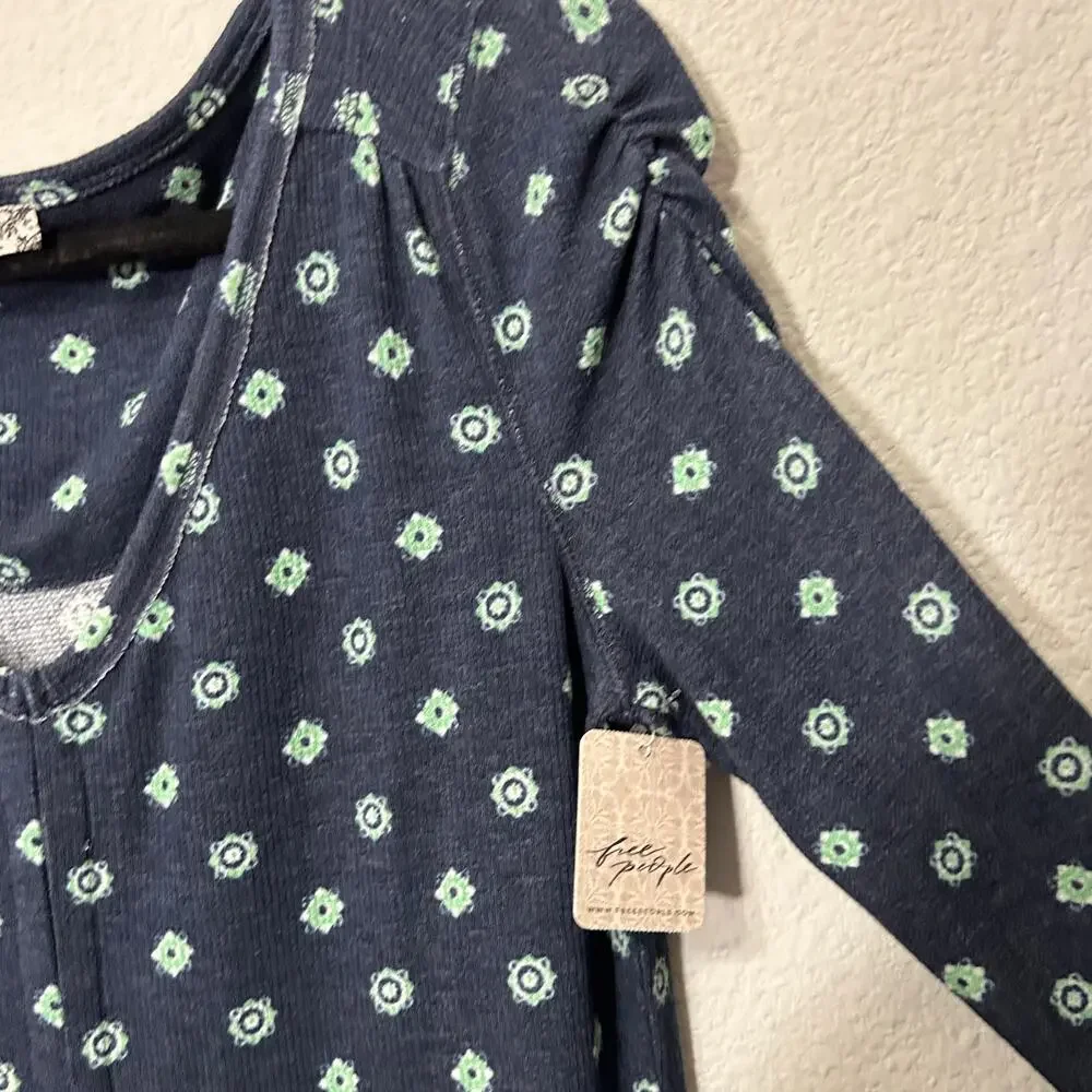 NEW Free People Home Alone Long John Deep Navy Med Comfy Cozy Lounge Ruffle Hem